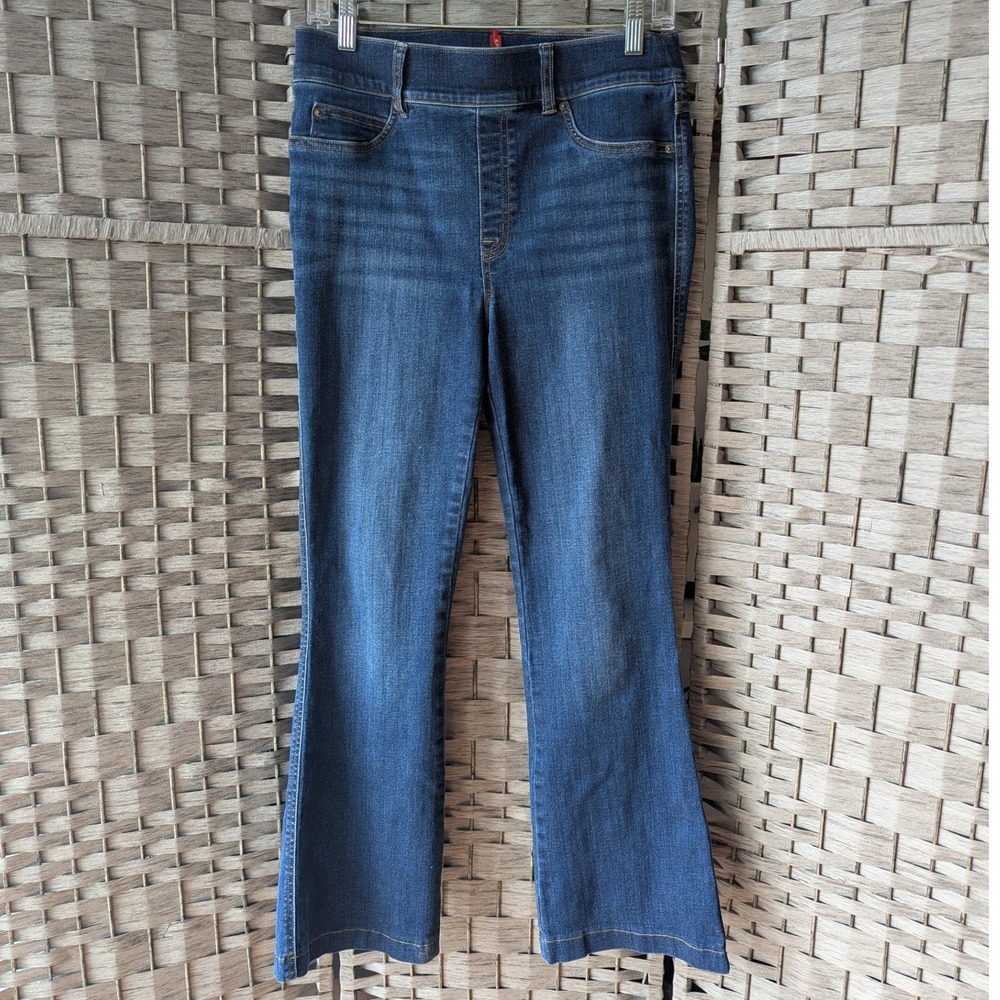 Spanx Flare Jeans Blue Pull On Stretch Denim Sz M Slimming Shaping Minimalist